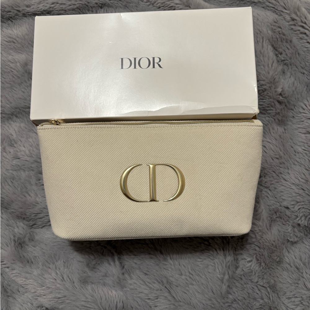 Dior Cream Cosmetic Bag with Gold Logo